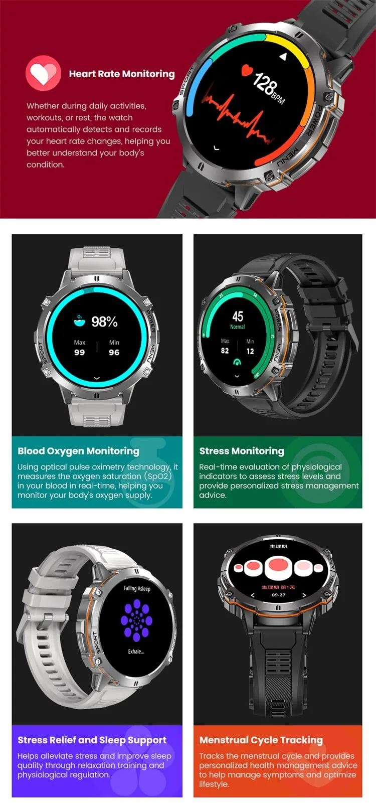 REXQU MaxTrail heart rate, blood oxygen and stress monitoring