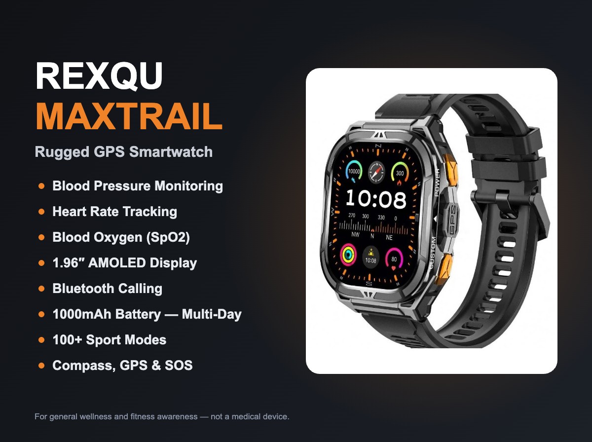 REXQU MaxTrail smartwatch with large 1.96-inch display and big battery