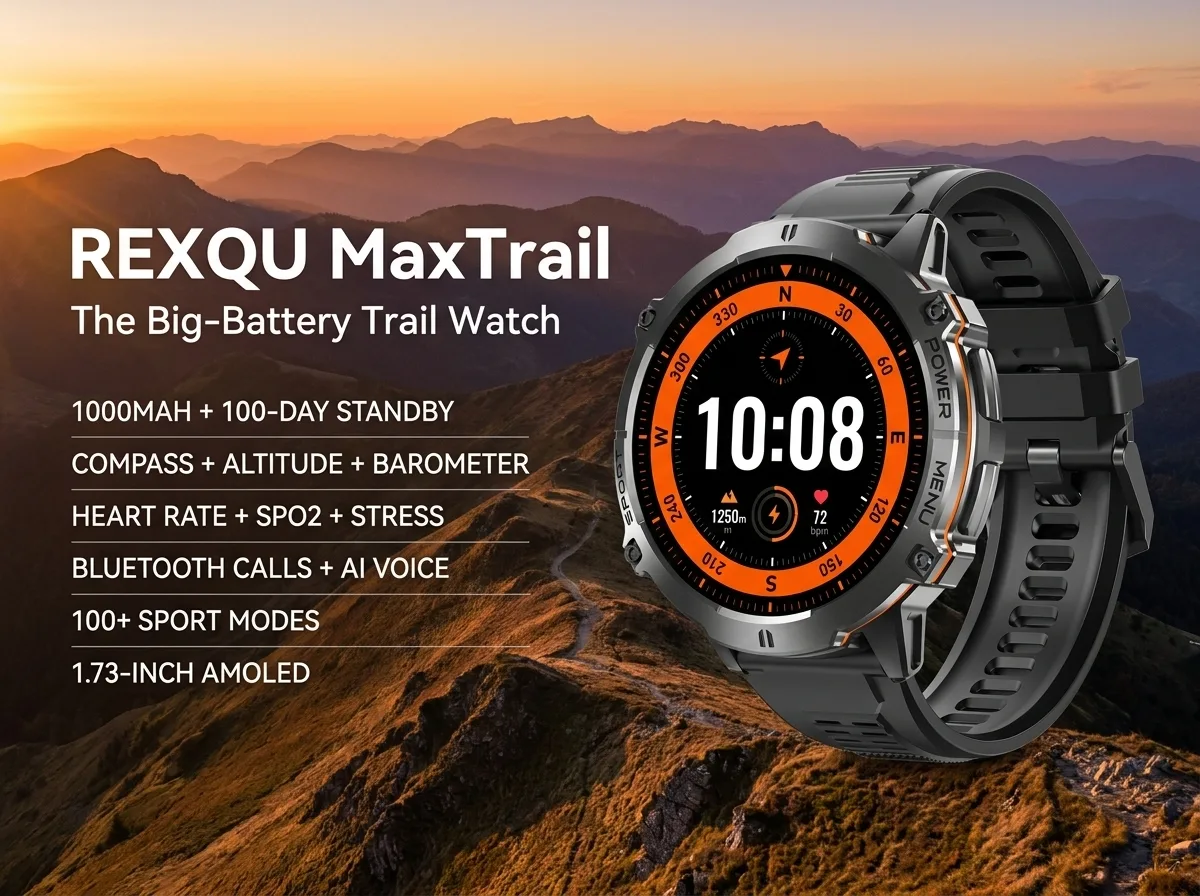 REXQU MaxTrail smartwatch with large 1.73-inch display and big battery