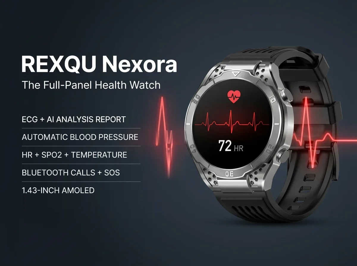 REXQU Nexora health smartwatch — ECG, heart rate, blood oxygen and Bluetooth calls on a 1.43 inch AMOLED