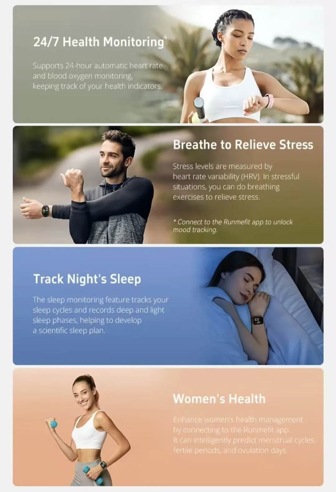 REXQU Nova 24/7 heart rate and blood oxygen, stress relief breathing, sleep and women’s health