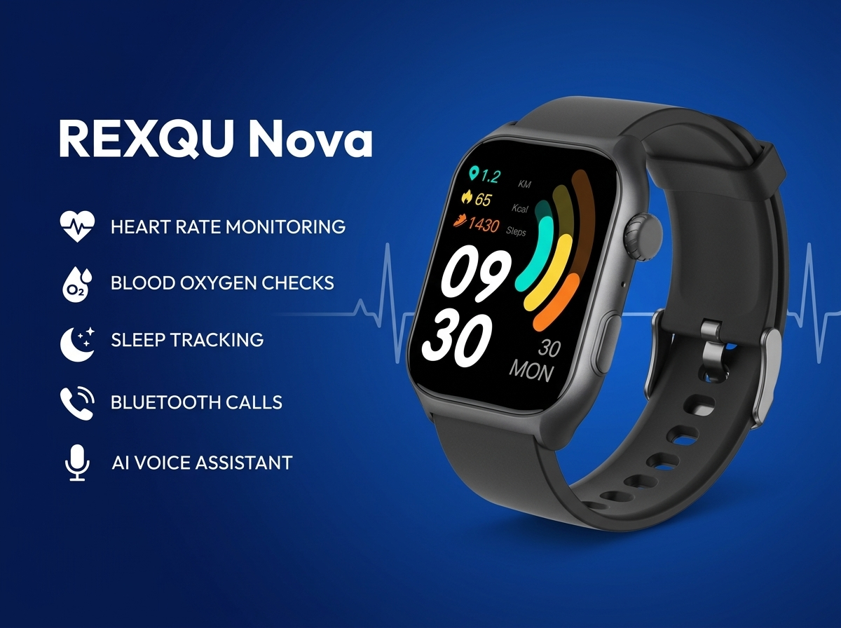 REXQU Nova health smartwatch — heart rate, blood oxygen and sleep with Bluetooth calls