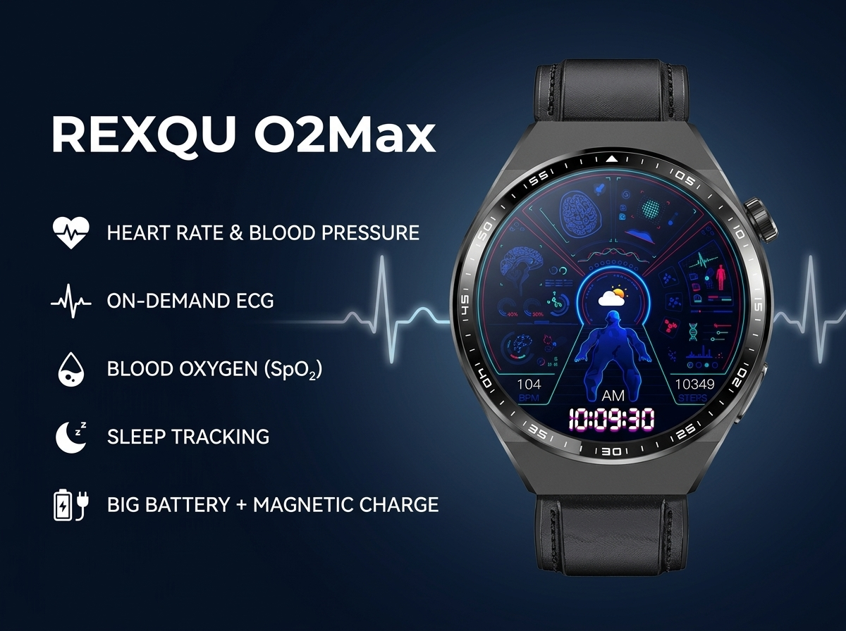 REXQU O2Max health smartwatch — ECG, blood oxygen, heart rate and blood pressure on a 1.38″ round display