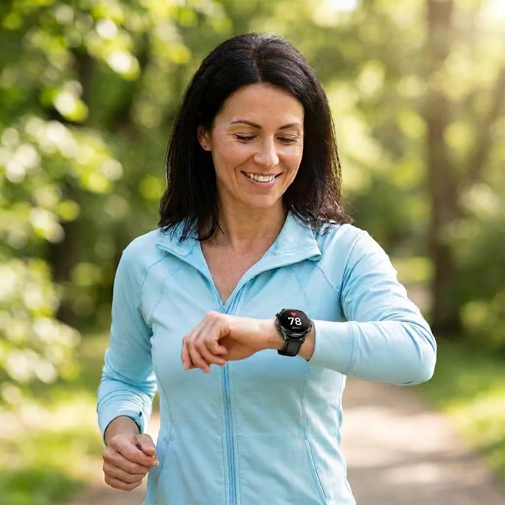 Woman in her 40s checking her heart rate on the REXQU O2Max during a park walk