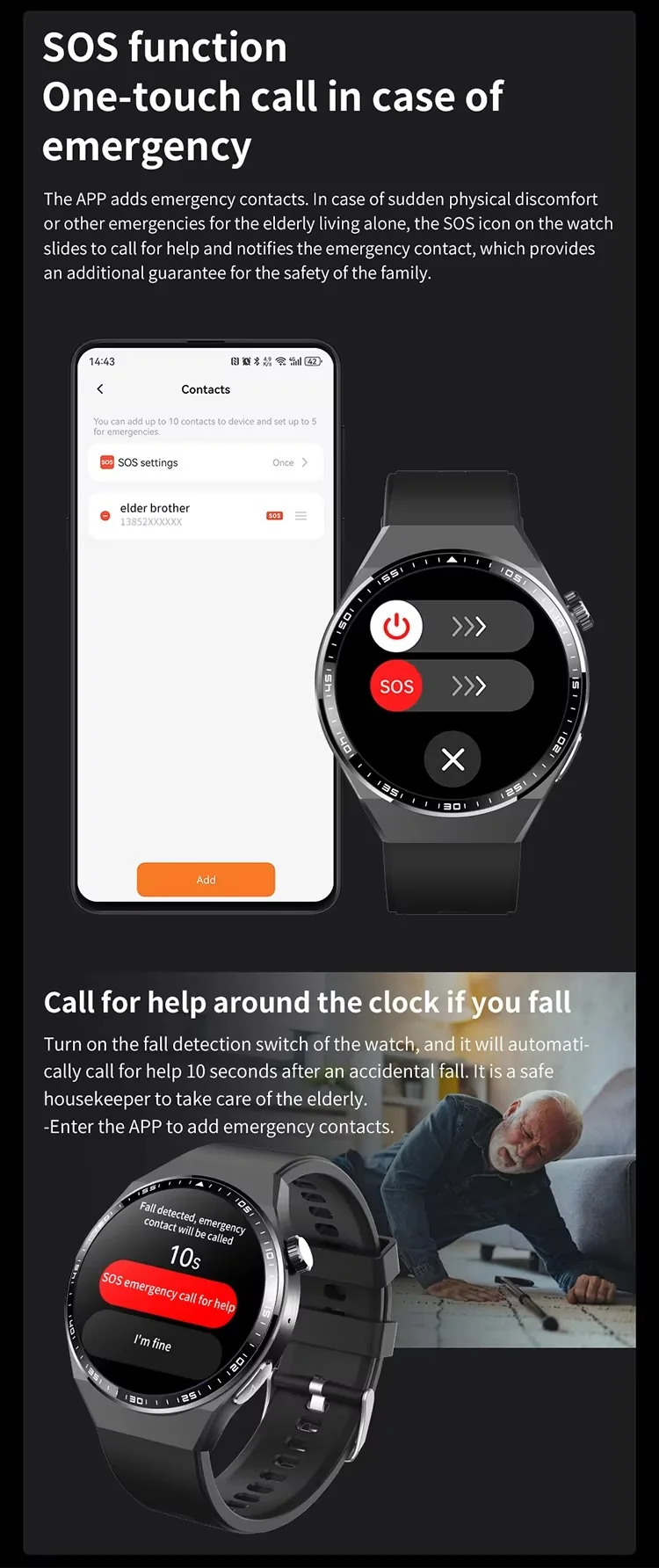 REXQU O2Max one-touch SOS and automatic fall detection calling for help
