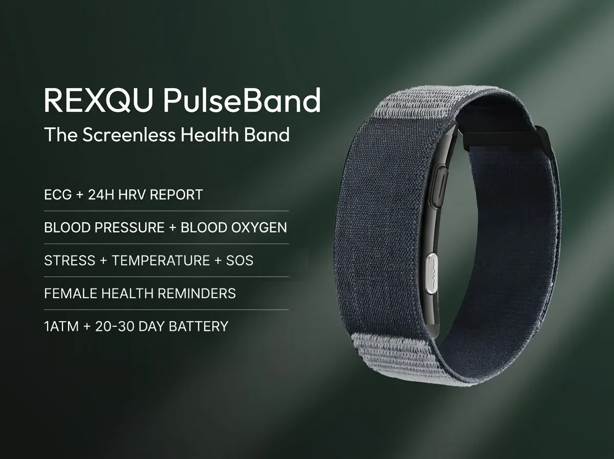 Screenless fitness tracker body composition tracking on the REXQU PulseBand
