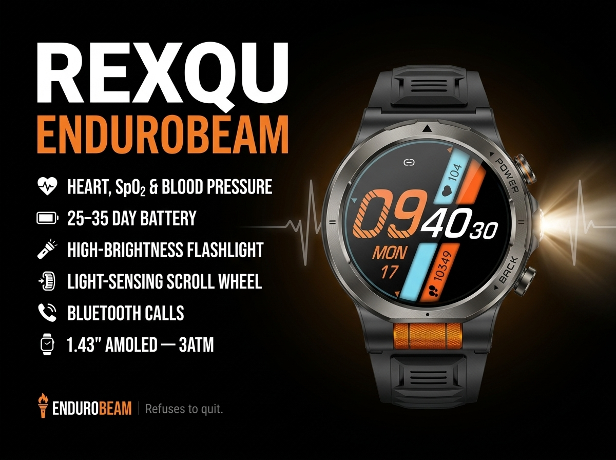 REXQU EnduroBeam smartwatch with flashlight beam lit up outdoors