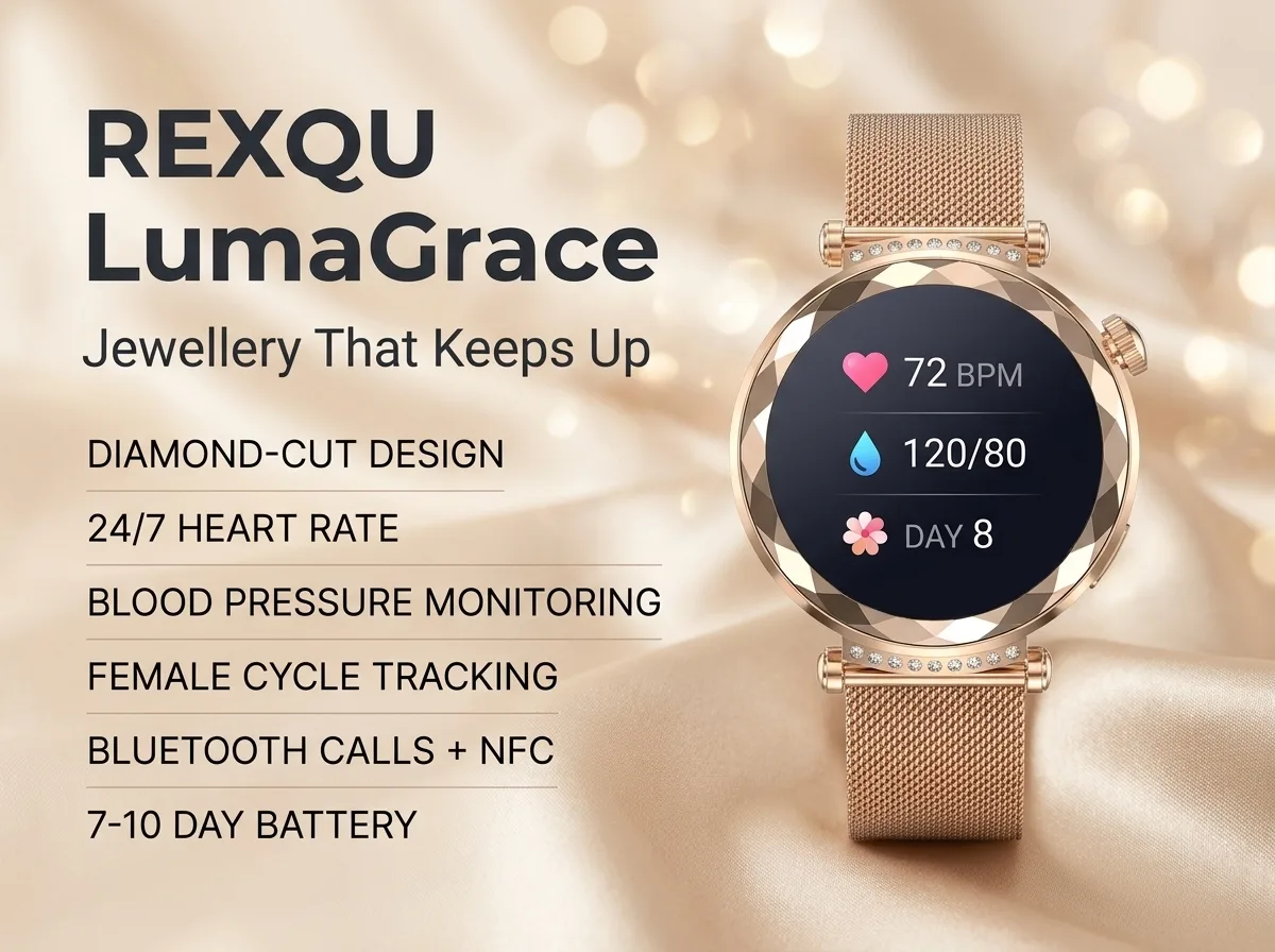 REXQU LumaGrace showing smartwatch battery life for women up to 40 days