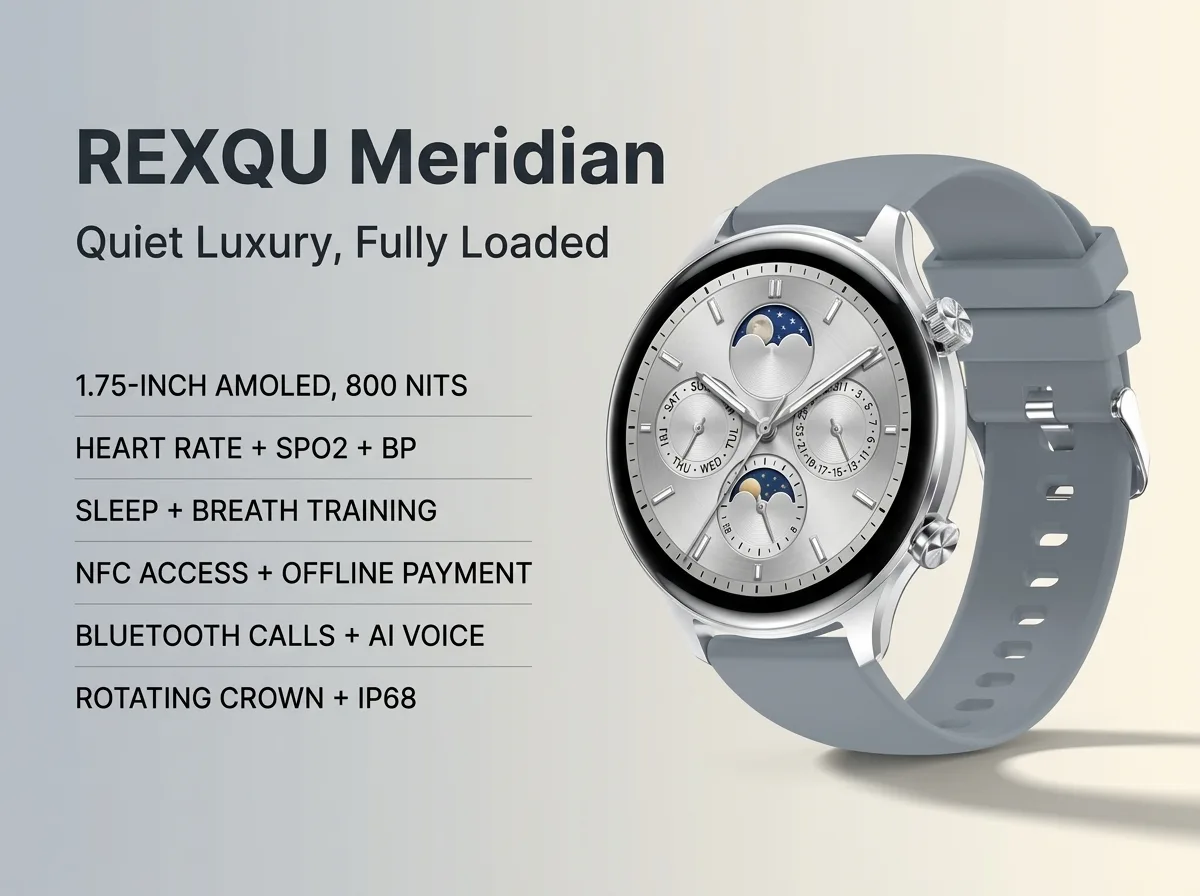 Smartwatch with NFC payments: REXQU Meridian tap-to-pay on the wrist