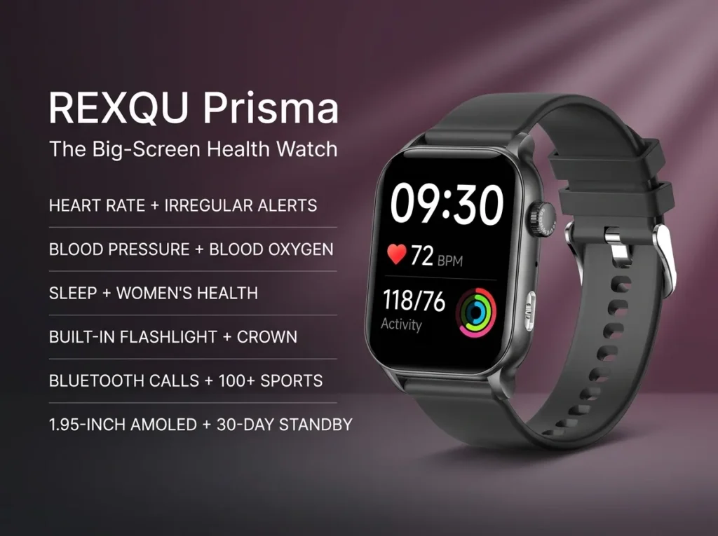 REXQU Prisma, an everyday flashlight smartwatch, worn on the wrist
