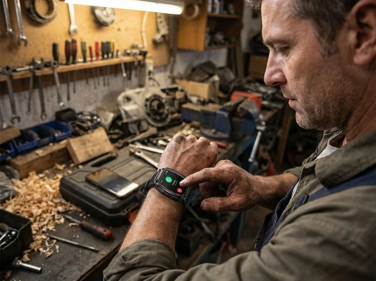 Man taking a call on REXQU Ridgeline in a workshop