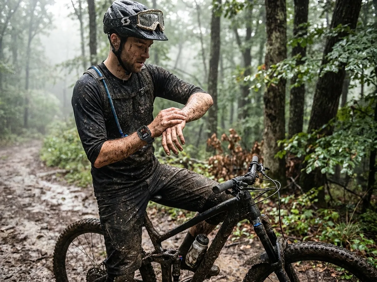Mountain biker in the rain wearing REXQU Ridgeline