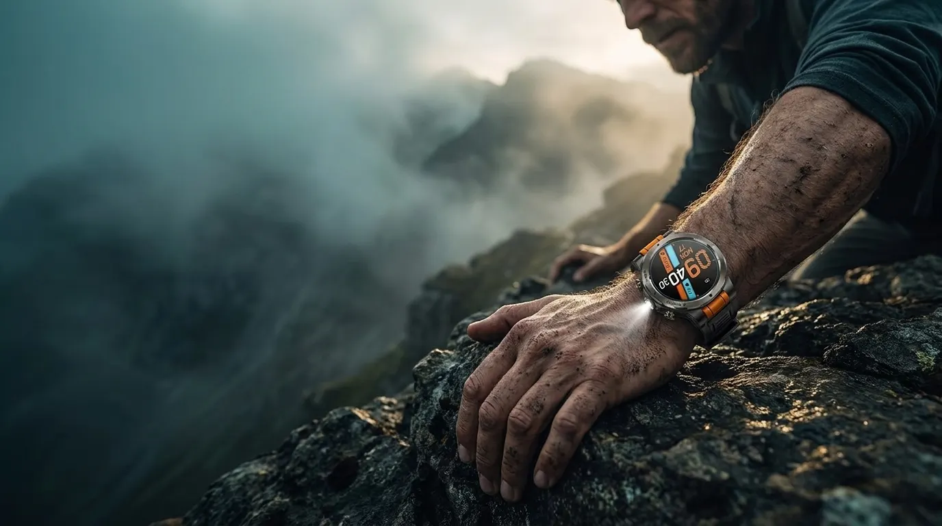 Rugged smartwatches — rugged smartwatch worn on a wrist while climbing a misty mountain trail at dawn