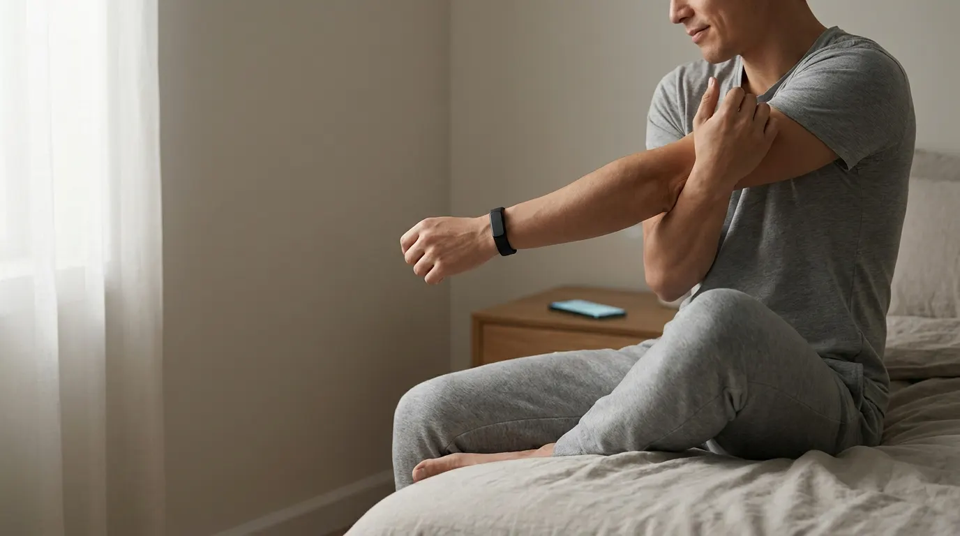 Screenless fitness trackers — person stretching in soft morning light wearing a slim screenless fitness band on their wrist