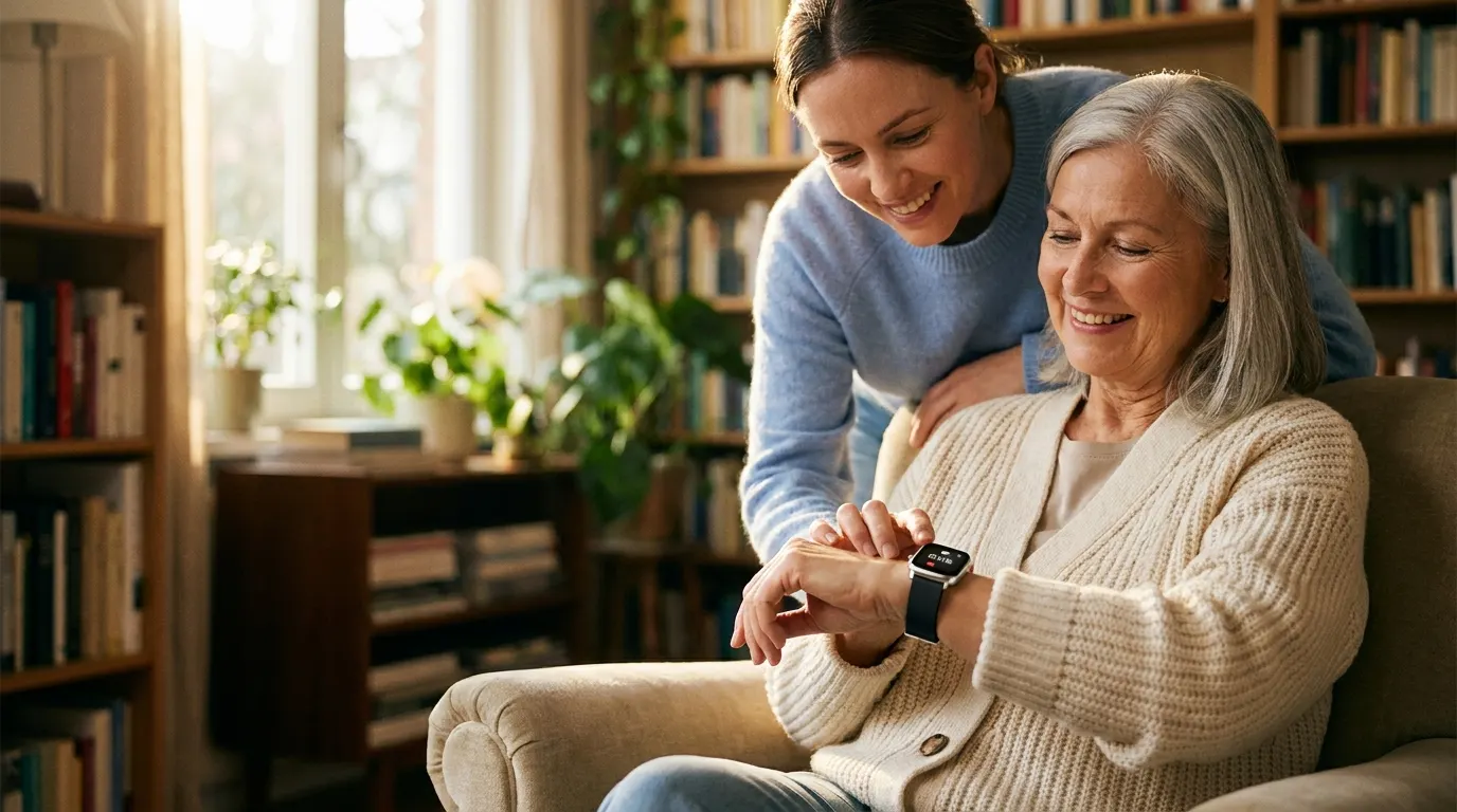 Smartwatches for seniors — senior woman smiling as she reads the large display of her health smartwatch at home, her daughter beside her