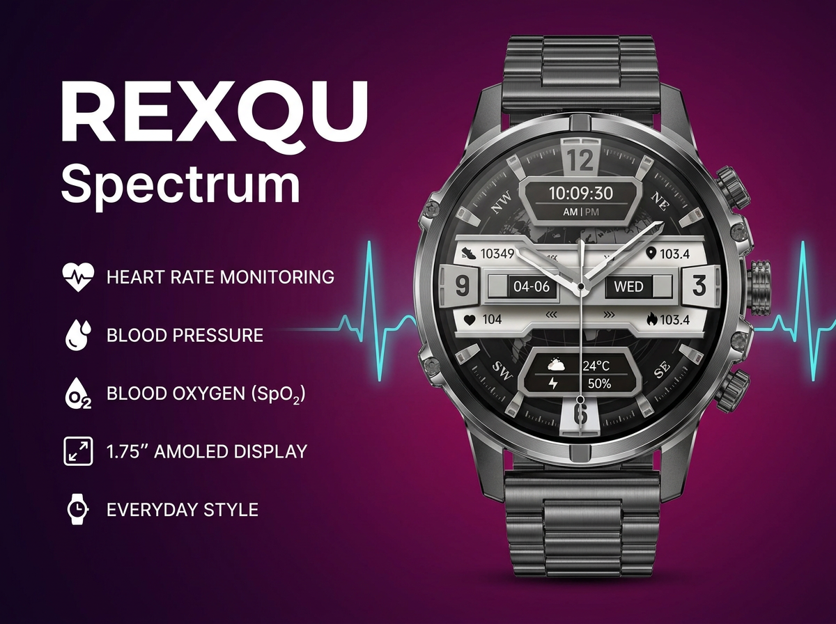 REXQU Spectrum 1.75 inch AMOLED health watch with heart rate, blood pressure and blood oxygen