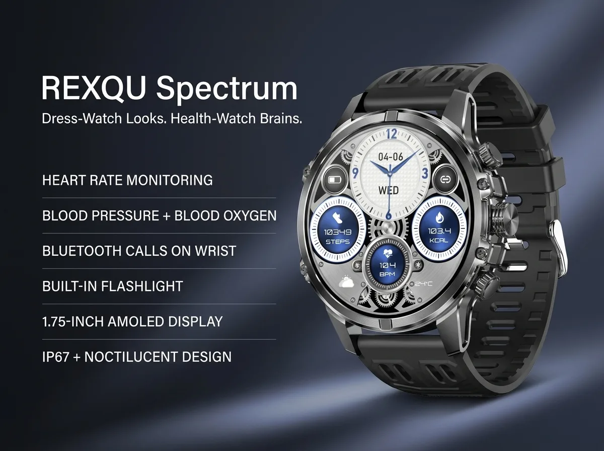 REXQU Spectrum 1.75 inch AMOLED health watch with heart rate, blood pressure and blood oxygen