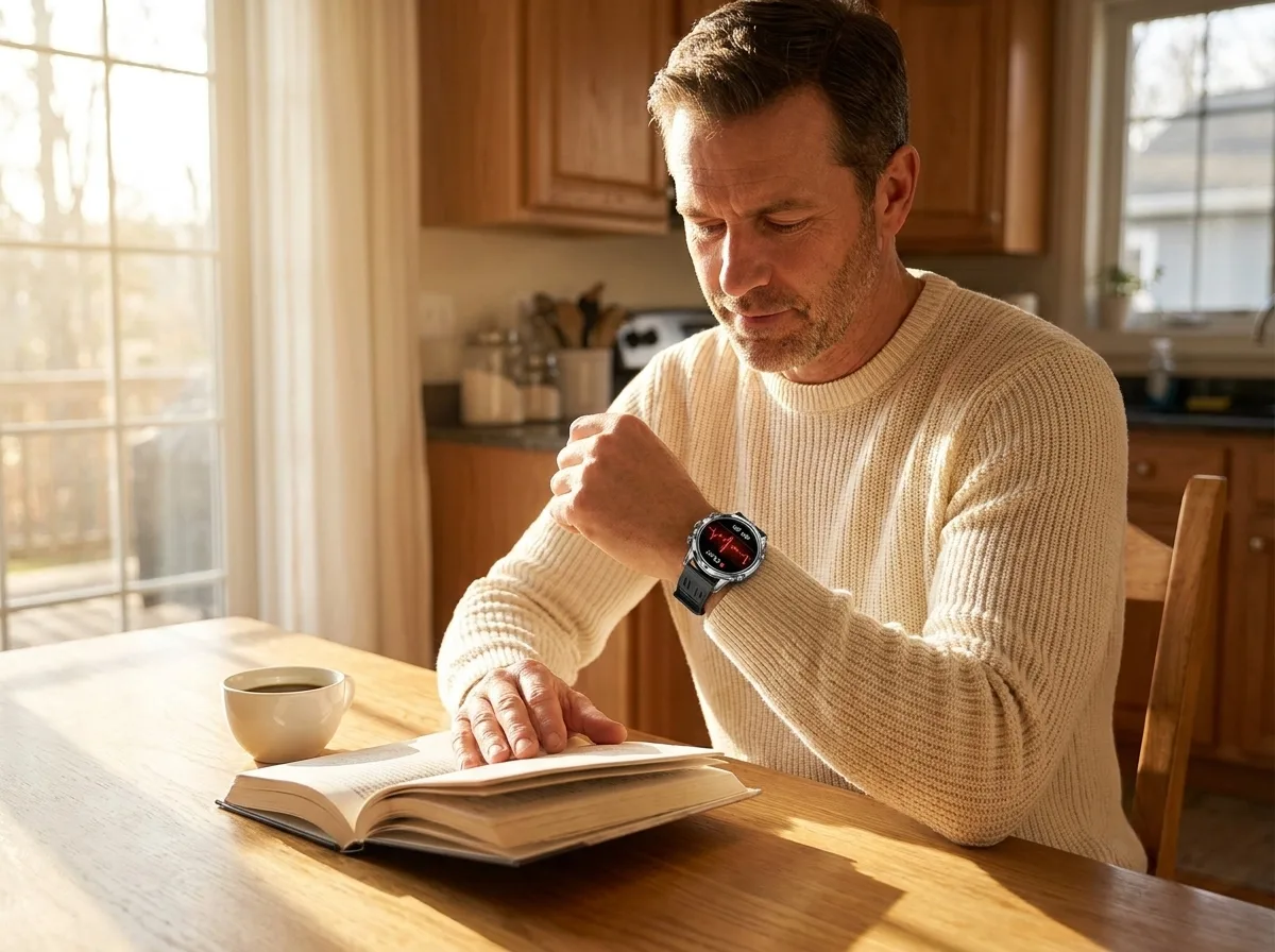 Man checking heart rate on the REXQU Spectrum at breakfast