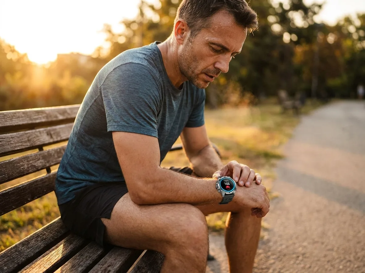 Runner checking blood oxygen on the REXQU Spectrum