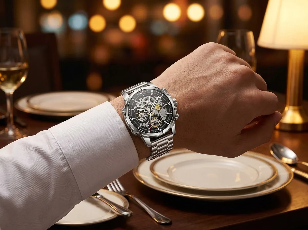 REXQU Spectrum stainless steel bracelet at a dinner table