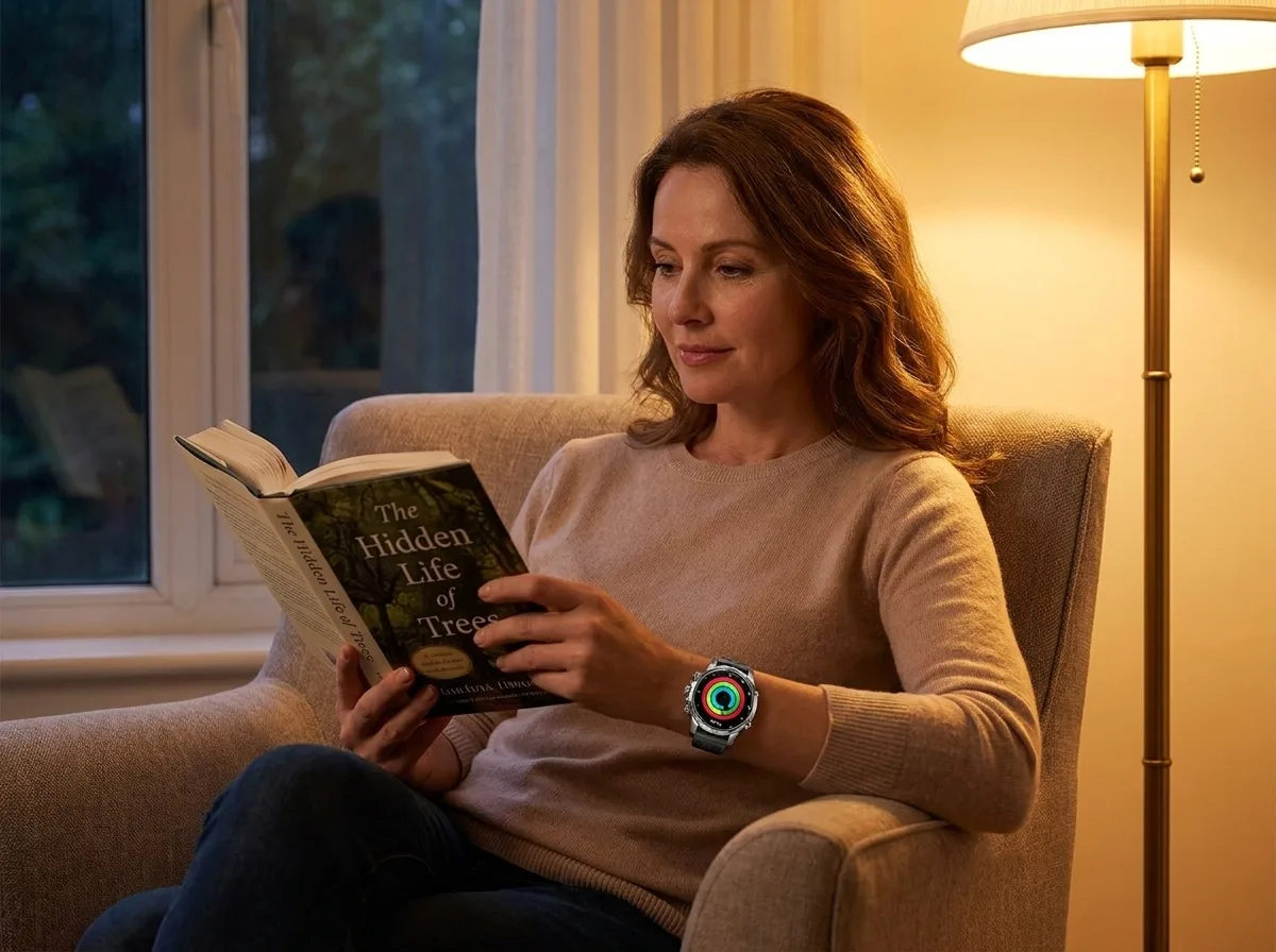 Woman reviewing her daily health summary on the REXQU Spectrum
