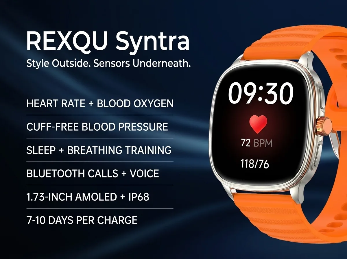 REXQU Syntra health smartwatch — heart rate, blood pressure, SpO₂ and Bluetooth calls