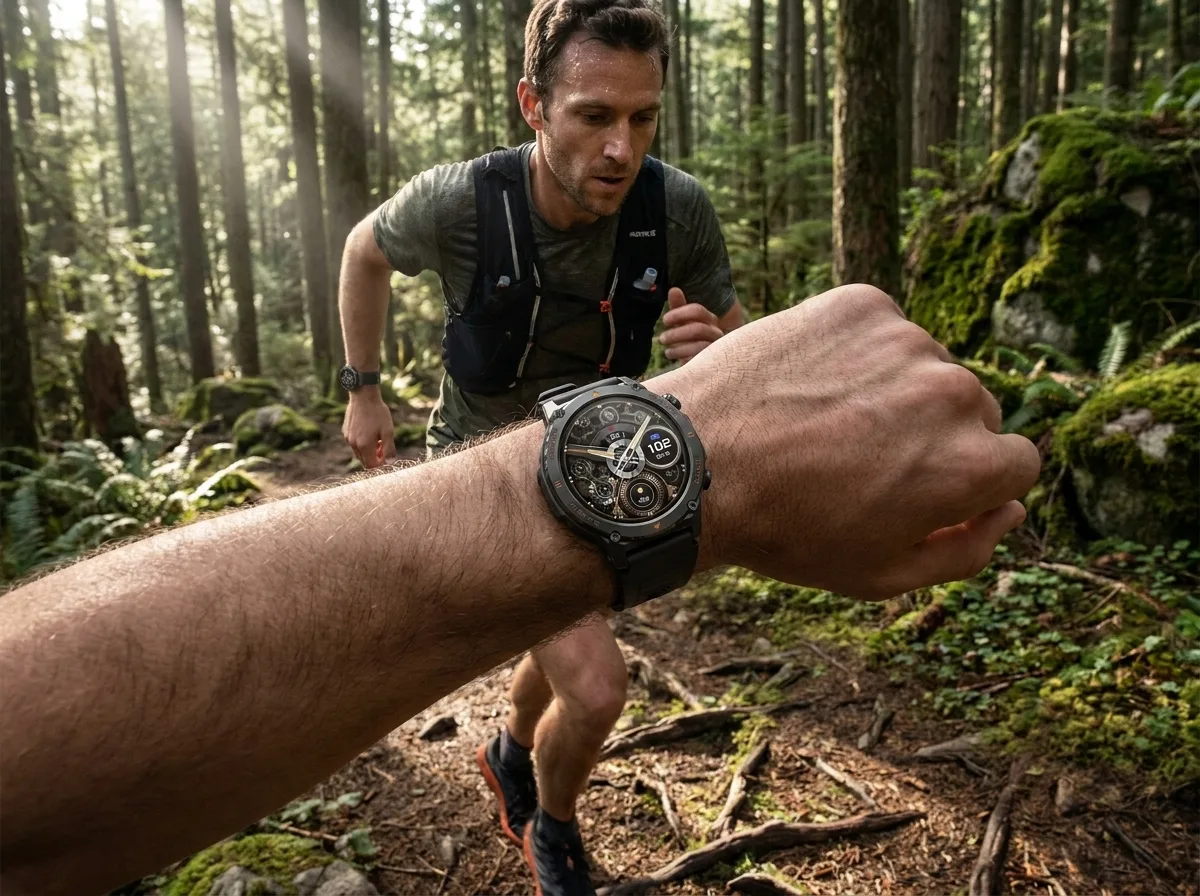 Trail runner checking heart rate on REXQU TerraPulse