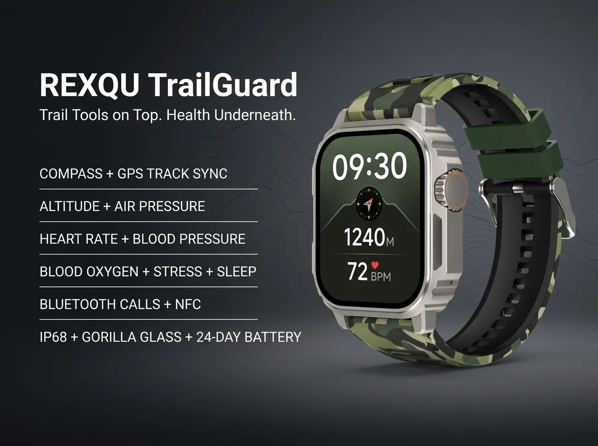 REXQU TrailGuard rugged outdoor smartwatch — compass, altitude, GPS track sync, IP68 and Gorilla Glass