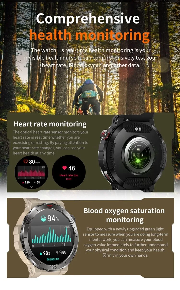 REXQU TrekNav comprehensive health monitoring — heart rate and blood oxygen saturation