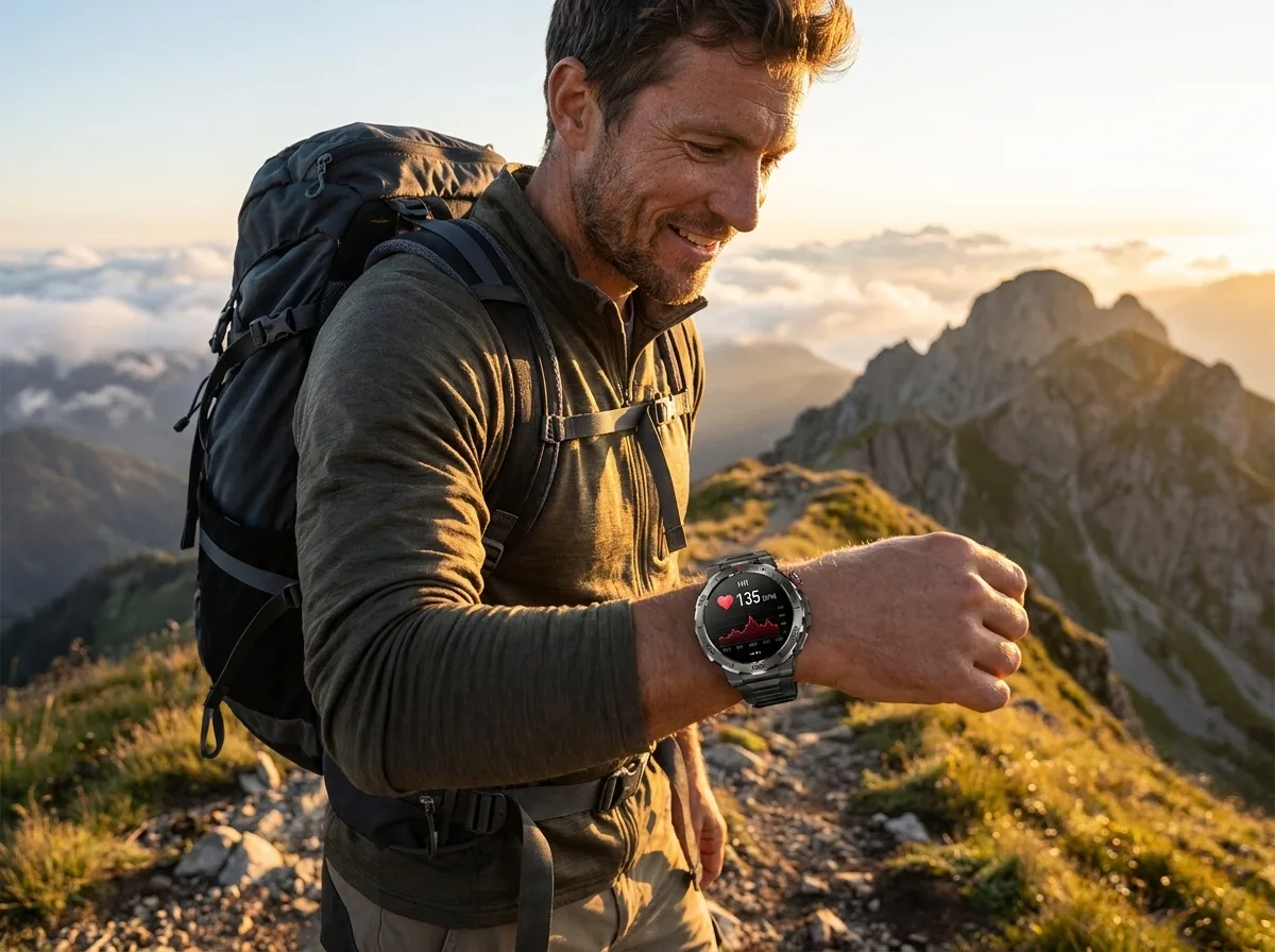 Hiker checking heart rate on REXQU TrekNav