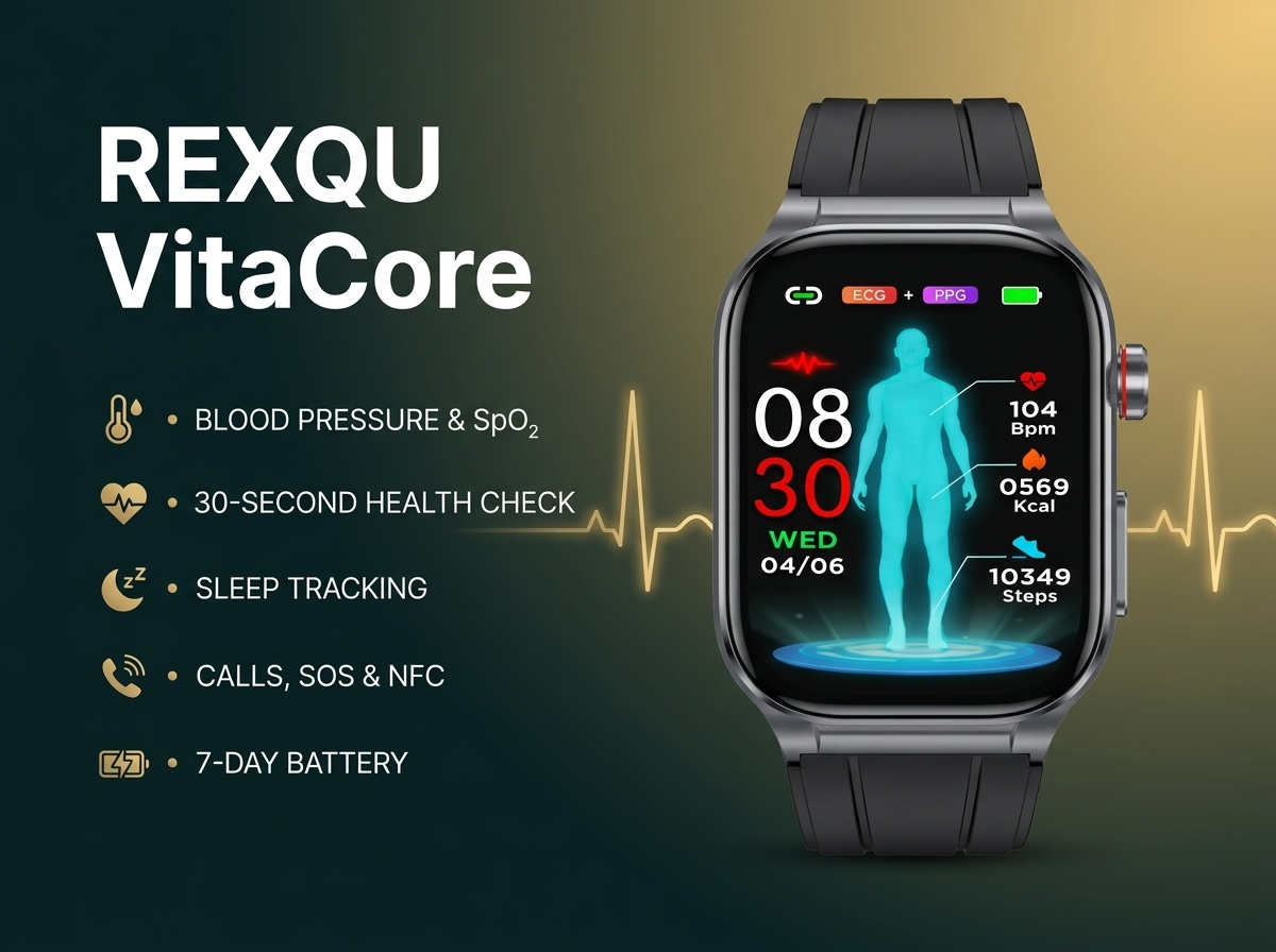 REXQU VitaCore health smartwatch — ECG, heart rate and blood pressure on a 2.04 inch always-on AMOLED