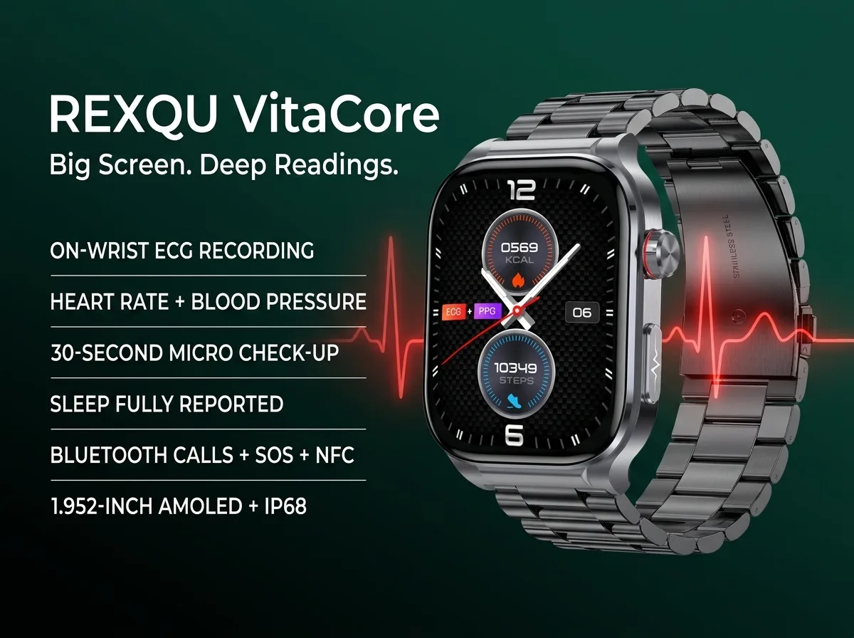 REXQU VitaCore health smartwatch — ECG, heart rate and blood pressure on a 2.04 inch always-on AMOLED