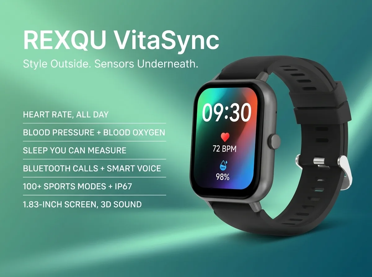 REXQU VitaSync health smartwatch — heart rate, blood oxygen and Bluetooth calls on a 1.83 inch display