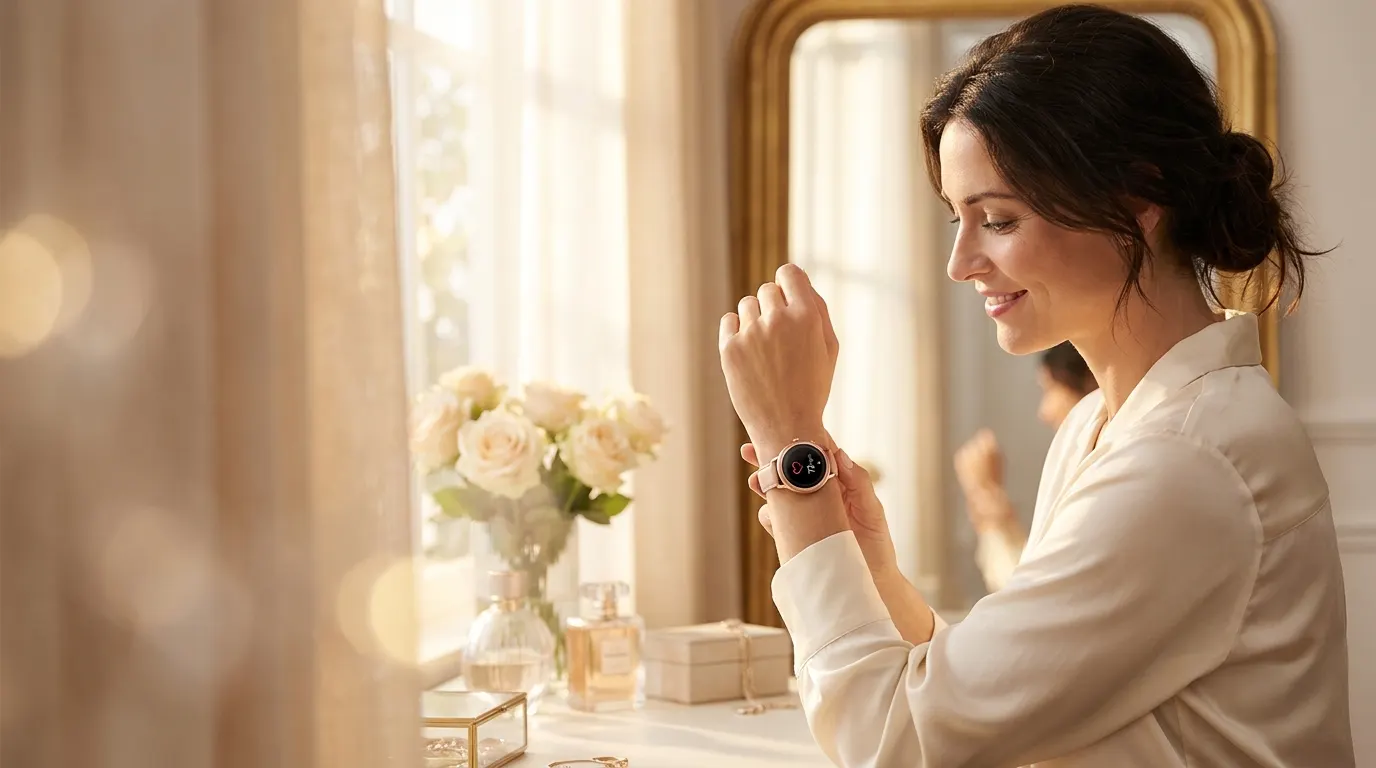 Women’s smartwatches — woman in soft morning light glancing at the elegant smartwatch on her wrist