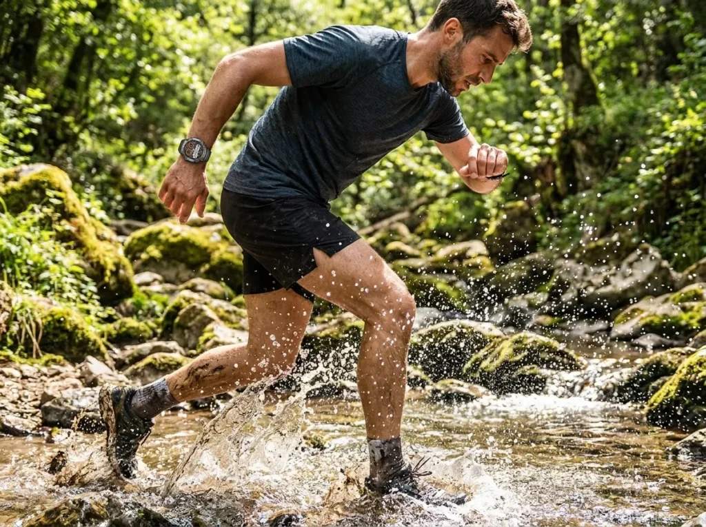REXQU Beacon Pro, one of the best rugged smartwatch sport modes options, worn outdoors on a trail