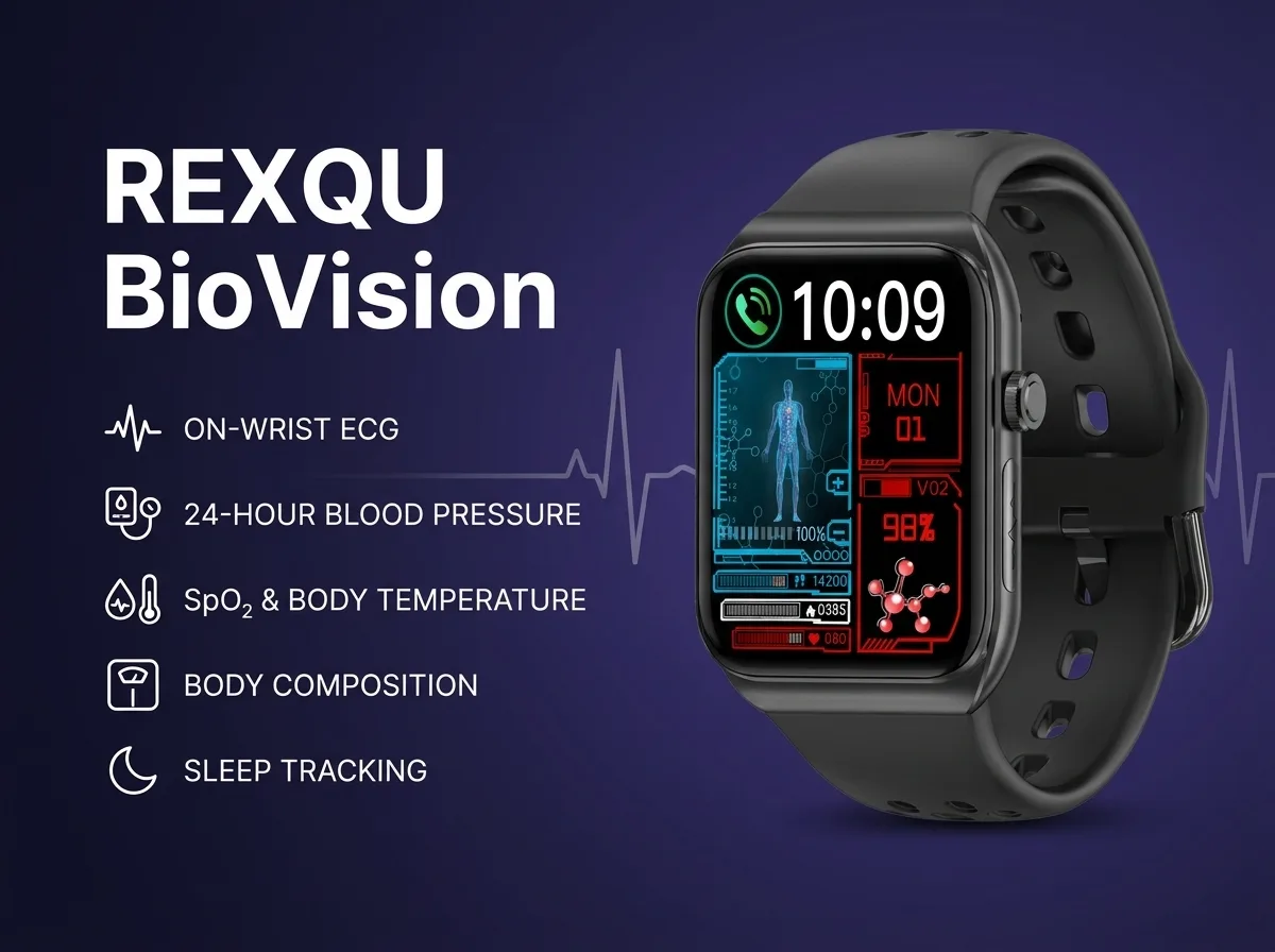 REXQU BioVision, an automatic health monitoring watch for 24-hour blood pressure and heart rate tracking