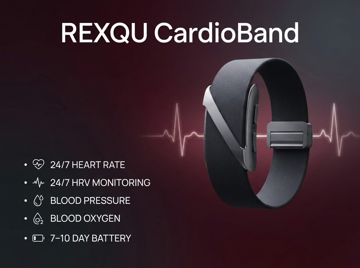 REXQU CardioBand, a screenless fitness tracker with heart rate accuracy features like continuous HRV and touch-sensor ECG