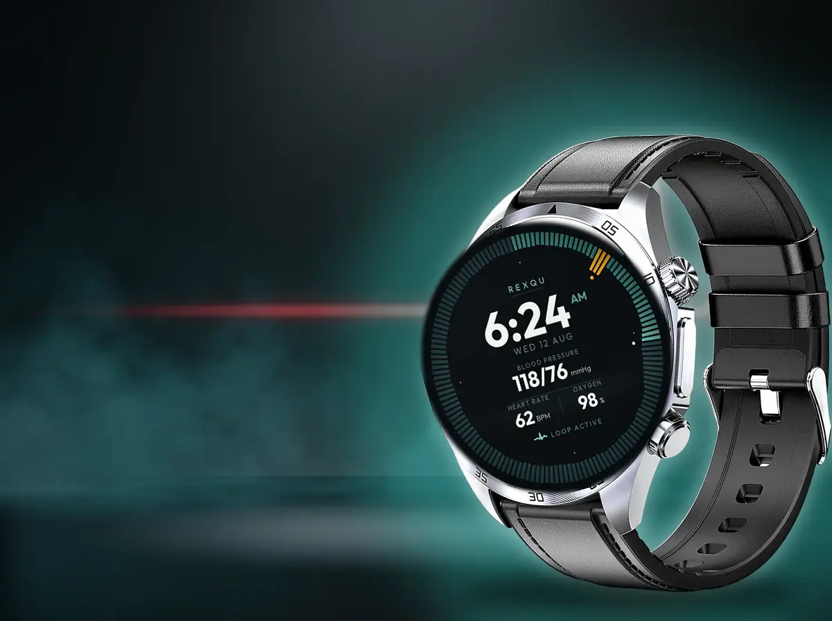 REXQU CoreX Pro blood pressure smartwatch shown at an angle with a heartbeat trace behind it