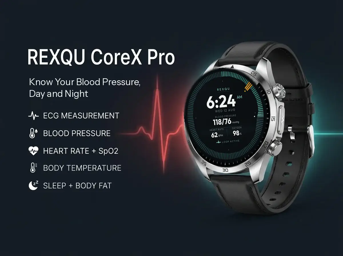 REXQU CoreX Pro health smartwatch — 24/7 heart rate, blood pressure and ECG