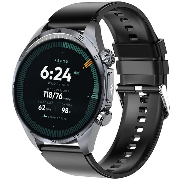 REXQU CoreX Pro health smartwatch showing blood pressure, heart rate and blood oxygen on the REXQU watch face