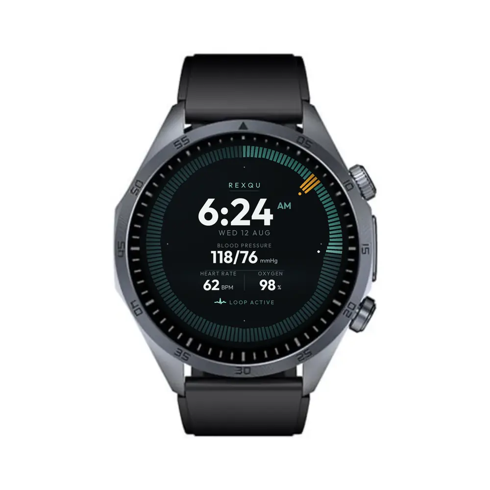 REXQU CoreX Pro showing blood pressure, heart rate and blood oxygen together on one watch face