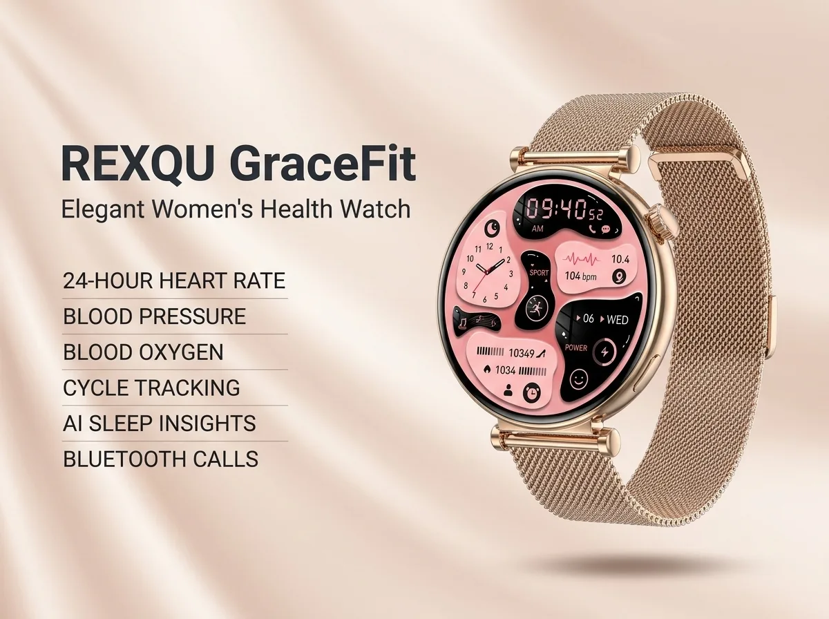 REXQU GraceFit wireless charging smartwatch for women with interchangeable straps