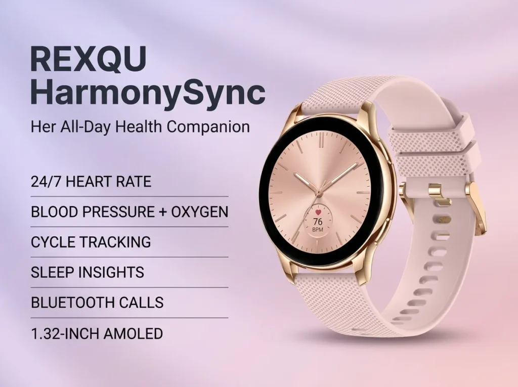 REXQU HarmonySync, an IP67 smartwatch for women with magnetic charging cable