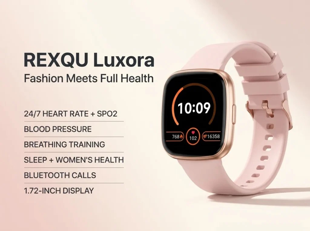 REXQU Luxora, a lightweight smartwatch for everyday wear, in a slim everyday design