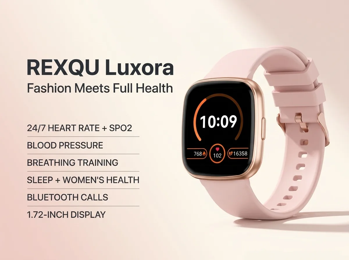 REXQU Luxora, a lightweight smartwatch for everyday wear, in a slim everyday design