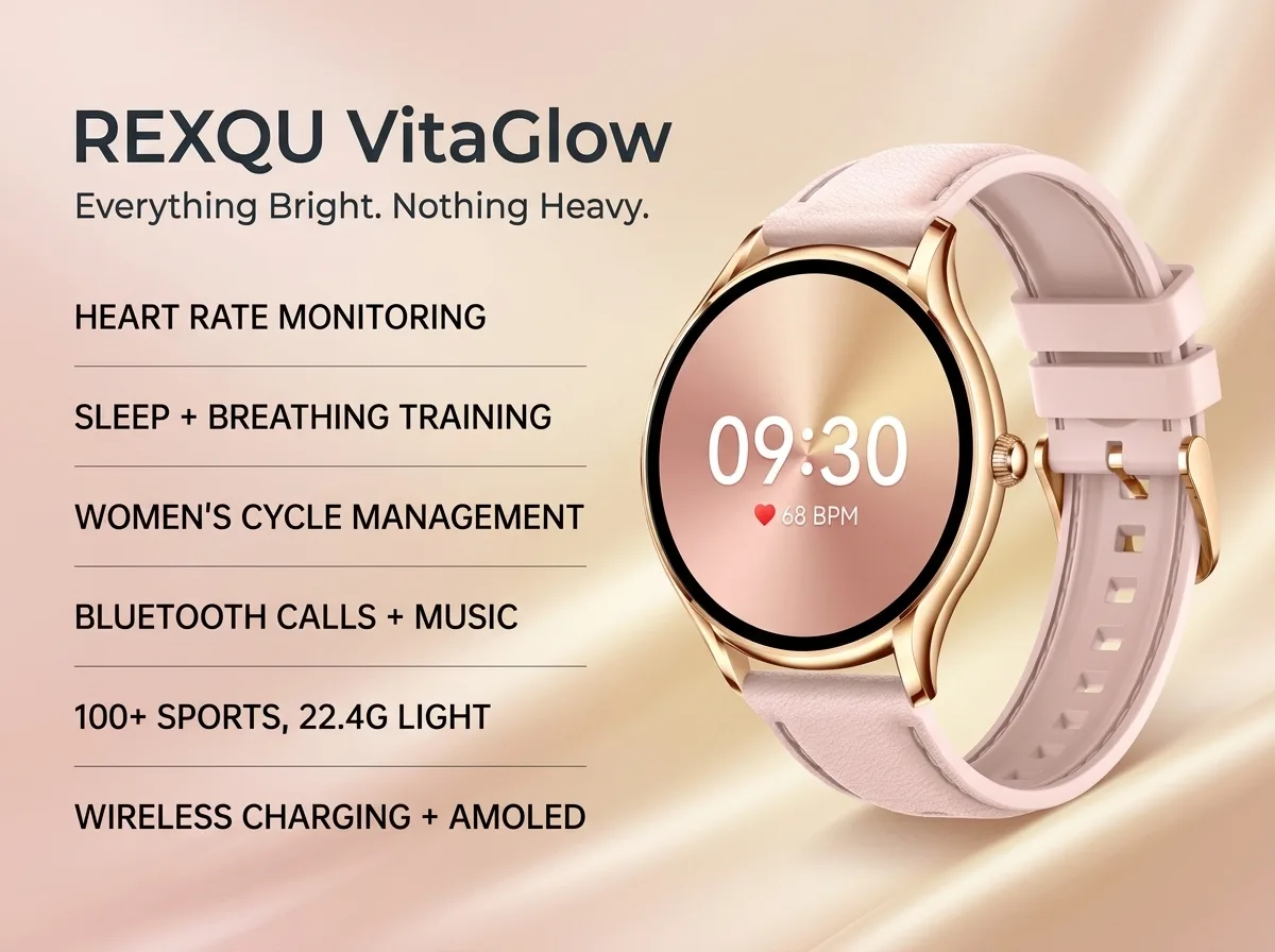 REXQU VitaGlow, a wireless charging smartwatch for women, resting on its charging pad