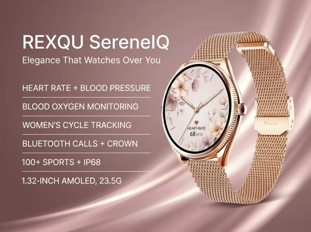 REXQU SereneIQ, an always-on display smartwatch for women, worn on a wrist showing its lit AMOLED face